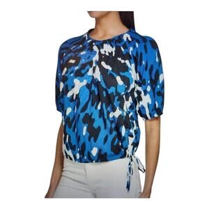 Calvin Klein NWT Women’s Blue Black Camo Short Sleeve Adjustable Blouse Small